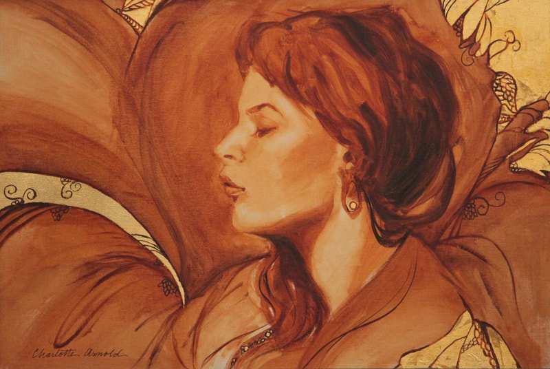 A gold and sepia toned bust portrait in oil by Charlotte Arnold. The subject is a woman shown in profile; her eyes are closed and she has a calm, focused demeanor. The lines contouring her hair and shoulders are loose and flowing, and linework in the background create organic swirling shapes. Some of the shapes are filled in with gold leaf.