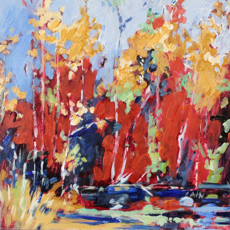 An acrylic landscape by Carol Ann Cain depicting trees and tall grasses in an expressive, impressionistic style. The predominant colors are red, yellow, and blue.